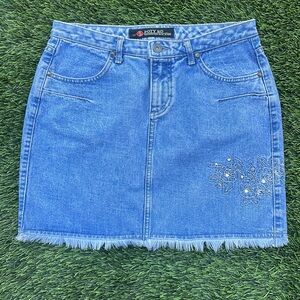 Y2K vintage Euro POTY RO light wash mini Blue Denim Skirt Embroidery-fringe hem